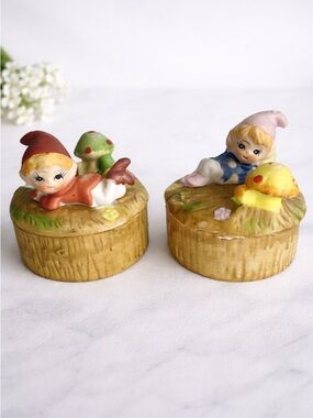 Vintage Homco Pixie Mushroom Trinket Boxes Set of 2 Ceramic Woodland Elf